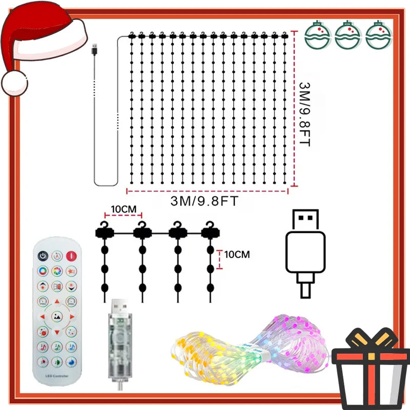 Smart Curtain String Lights – Waterproof DIY Colorful Music Sync LED Lights for Xmas Indoor & Outdoor Decor