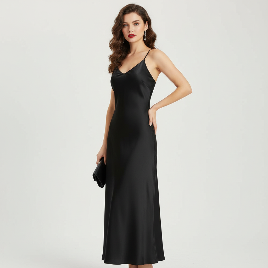 Women's Satin Midi Dress – V-Neck Backless Dress with Thin Straps