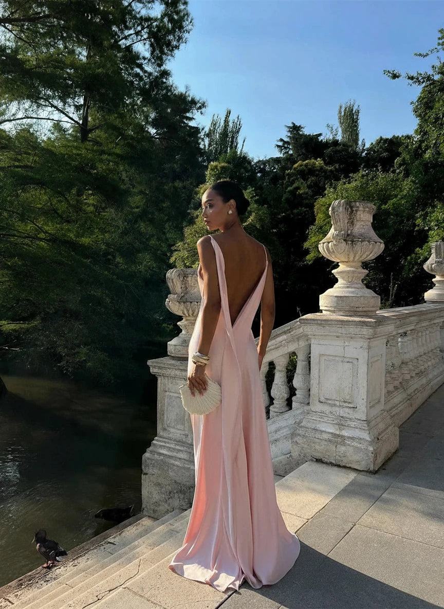 Customized Luxury Pink Satin Evening Dress – Sleeveless & Backless Gown