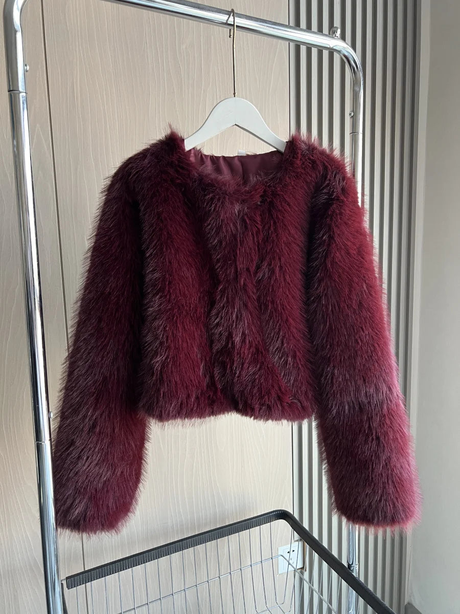 Women’s Faux Fur Short Jacket – Fall/Winter 2025 Round Neck Long Sleeve Coat
