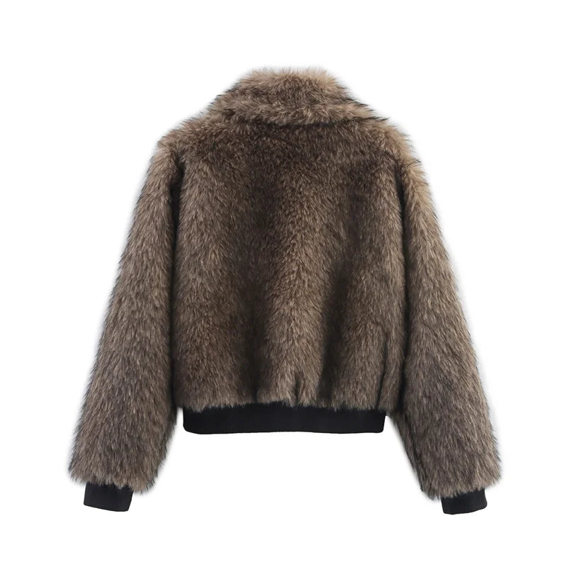 High-End Brown Faux Fur Jacket for Women –  Casual Fashion