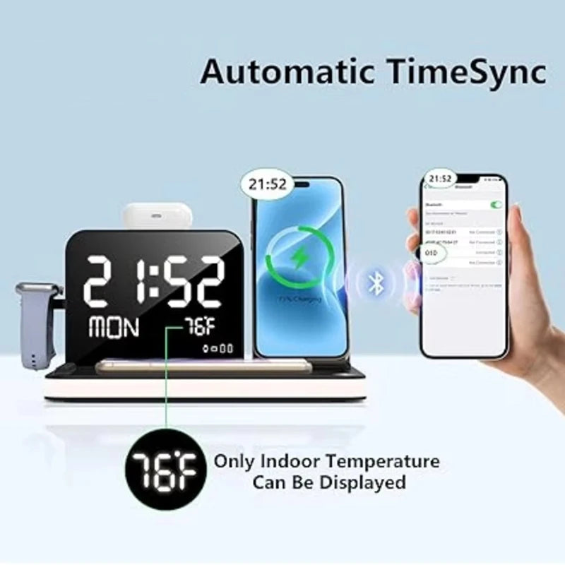 7-in-1 Wireless Charging Station with Clock & Night Lights – Fast Charger Stand for Smartphones & Watches