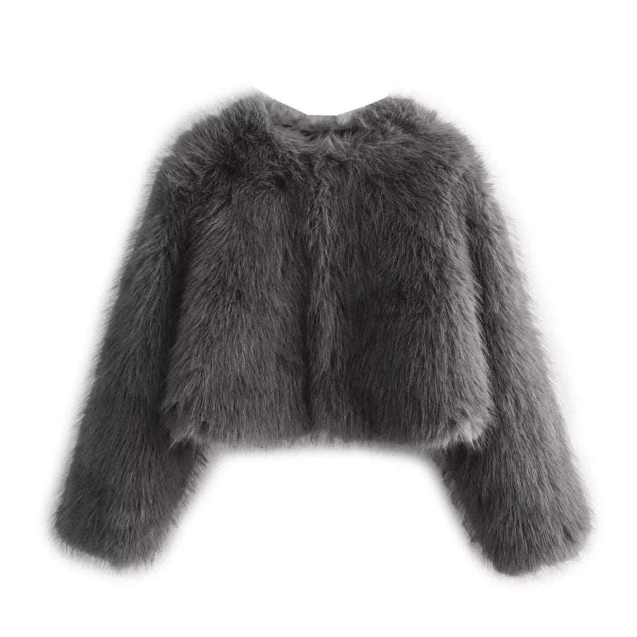 Women’s Faux Fur Short Jacket – Fall/Winter 2025 Round Neck Long Sleeve Coat