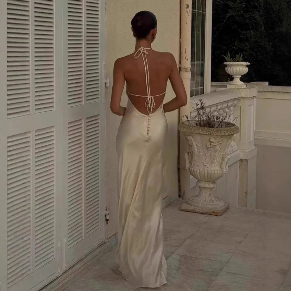 Elegant Satin Halter Summer Dress – Backless Slim Fit Evening Gown