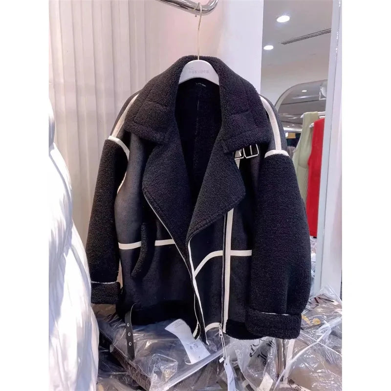 Women’s 2025 Faux Fur & Leather Moto Jacket – Thickened Warm Winter Coat