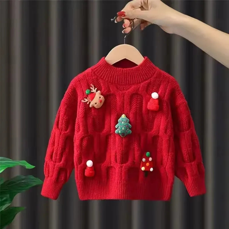Christmas Cartoon Sweater for Girls – Warm Knit Pullover (2–8 Years)
