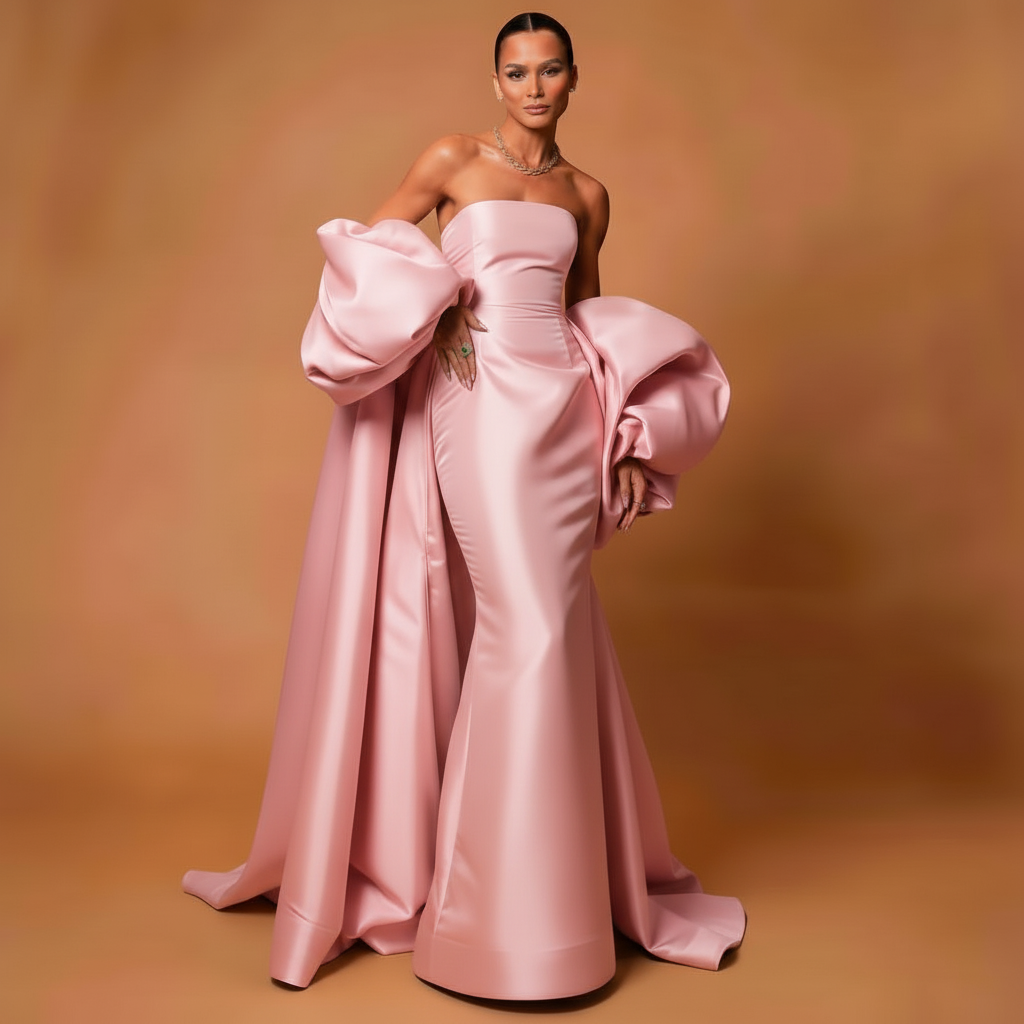 Black Satin Evening Dress – Elegant Strapless Gown with Puffy Sleeves