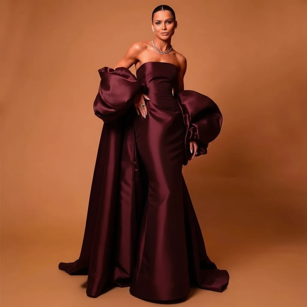 Black Satin Evening Dress – Elegant Strapless Gown with Puffy Sleeves