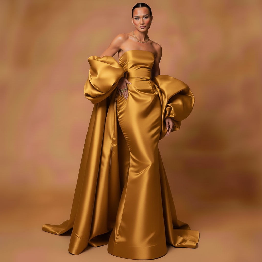 Black Satin Evening Dress – Elegant Strapless Gown with Puffy Sleeves