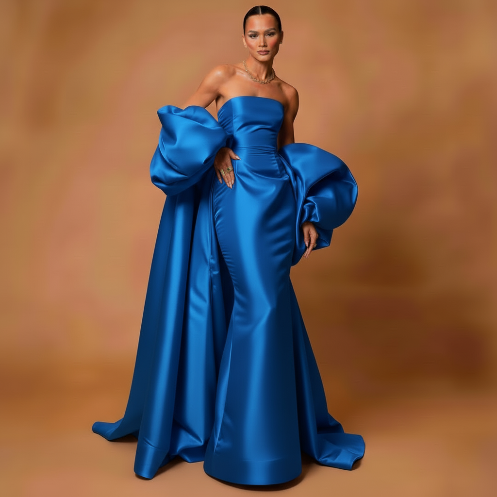 Black Satin Evening Dress – Elegant Strapless Gown with Puffy Sleeves