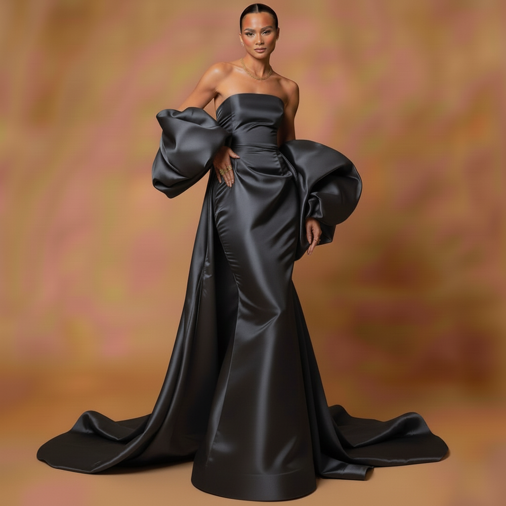 Black Satin Evening Dress – Elegant Strapless Gown with Puffy Sleeves