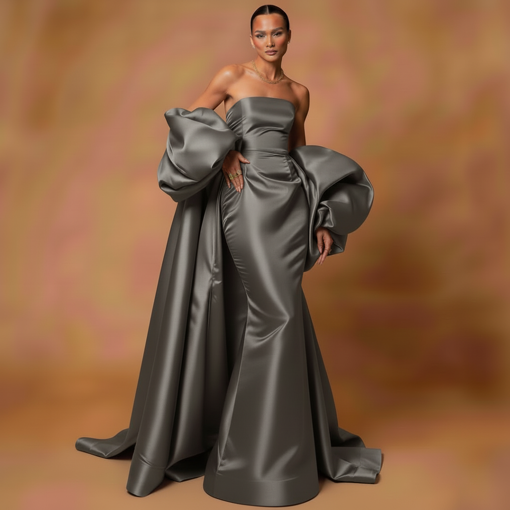 Black Satin Evening Dress – Elegant Strapless Gown with Puffy Sleeves