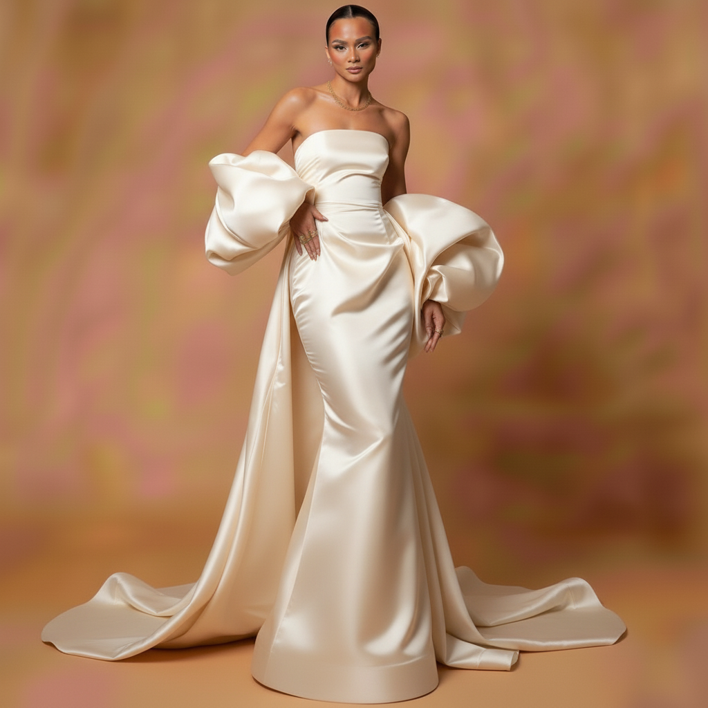 Black Satin Evening Dress – Elegant Strapless Gown with Puffy Sleeves