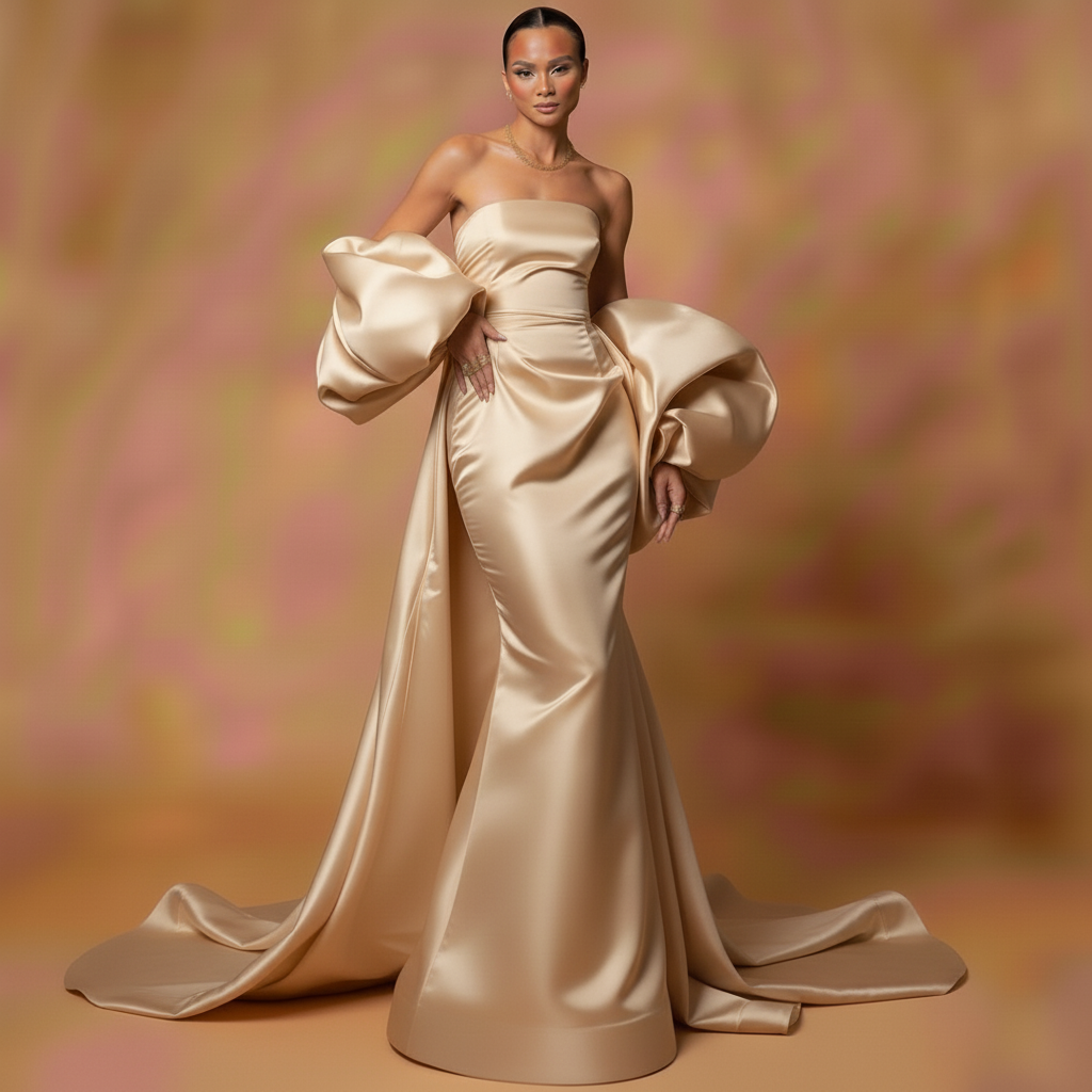 Black Satin Evening Dress – Elegant Strapless Gown with Puffy Sleeves