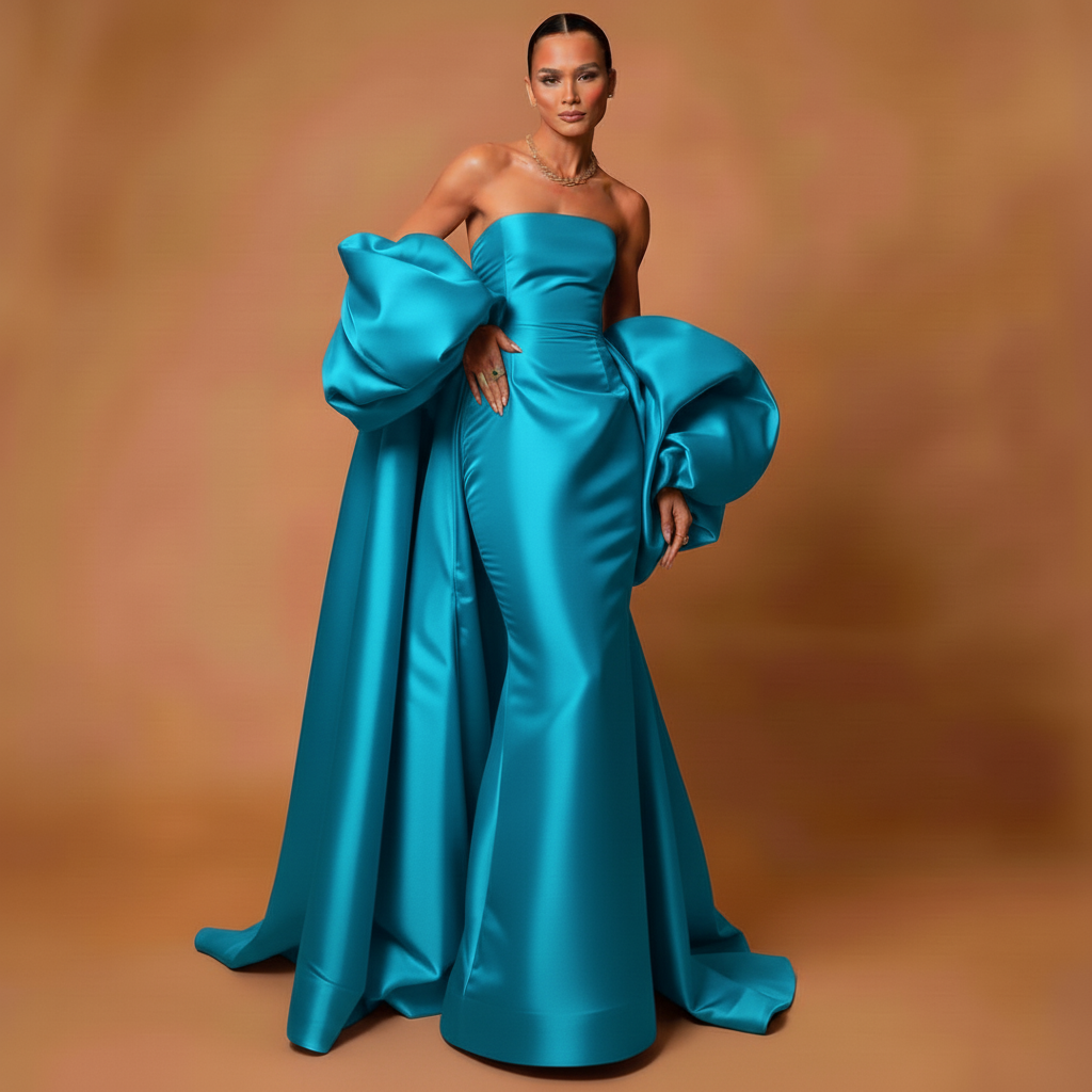 Black Satin Evening Dress – Elegant Strapless Gown with Puffy Sleeves