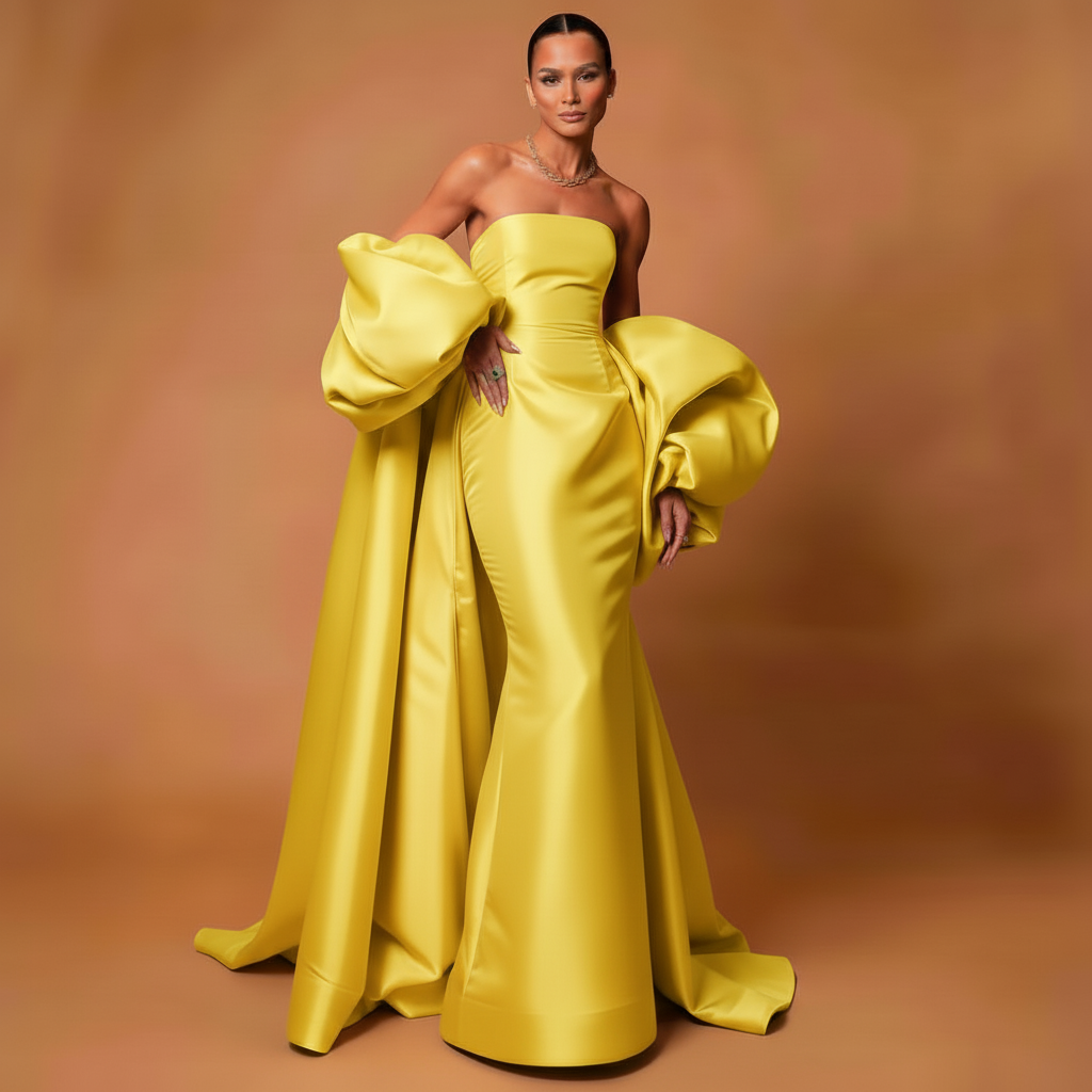 Black Satin Evening Dress – Elegant Strapless Gown with Puffy Sleeves