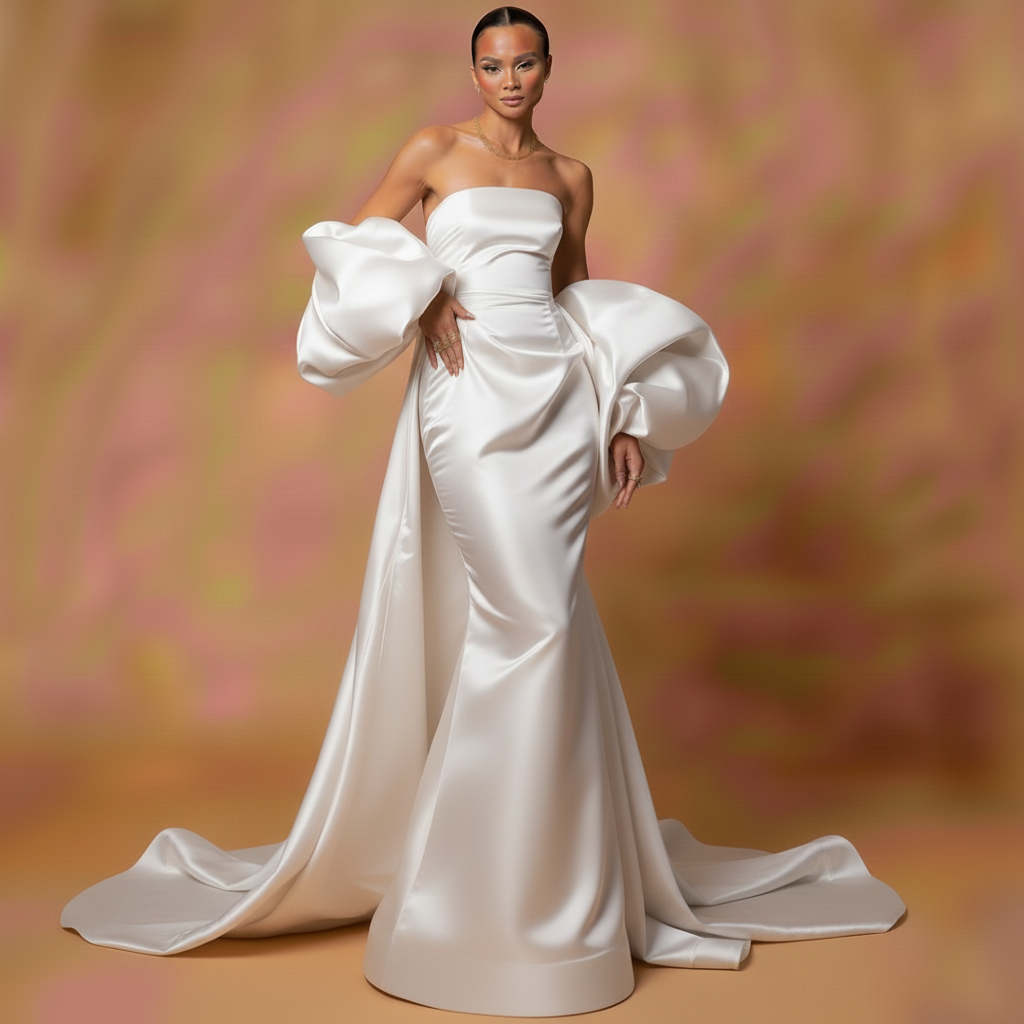 Black Satin Evening Dress – Elegant Strapless Gown with Puffy Sleeves