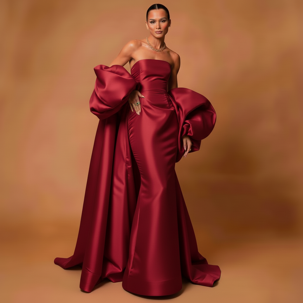 Black Satin Evening Dress – Elegant Strapless Gown with Puffy Sleeves