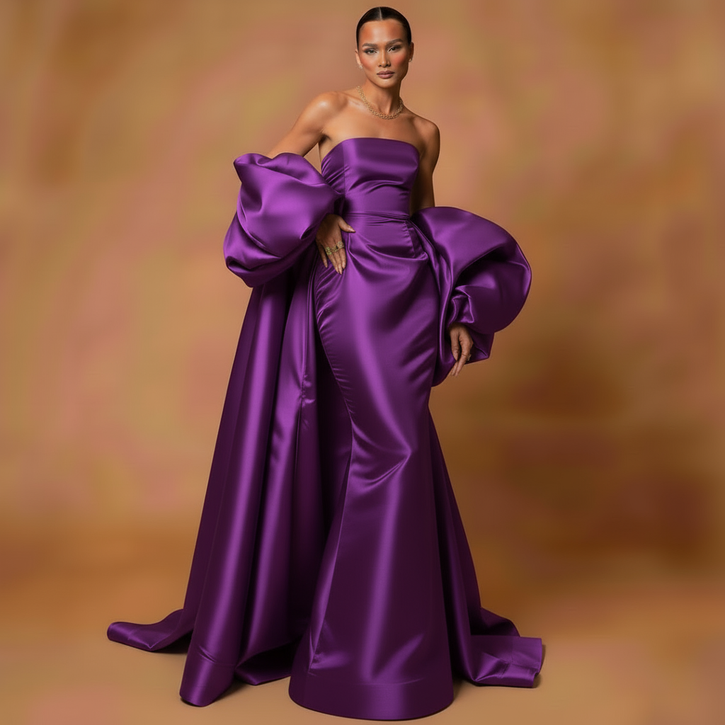 Black Satin Evening Dress – Elegant Strapless Gown with Puffy Sleeves