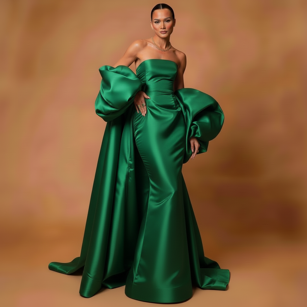 Black Satin Evening Dress – Elegant Strapless Gown with Puffy Sleeves