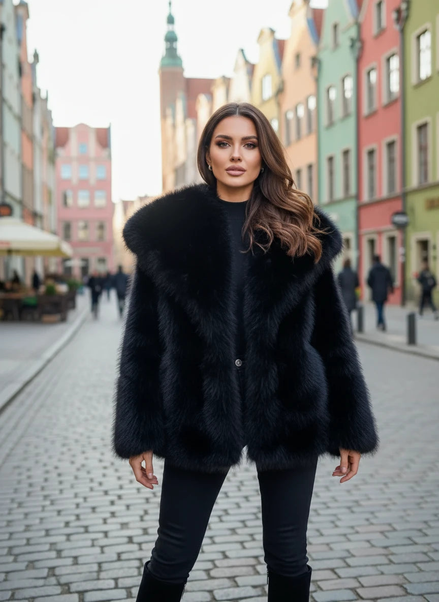 2025 Women’s Faux Fox Fur Jacket – Loose Long Sleeve Autumn/Winter Coat