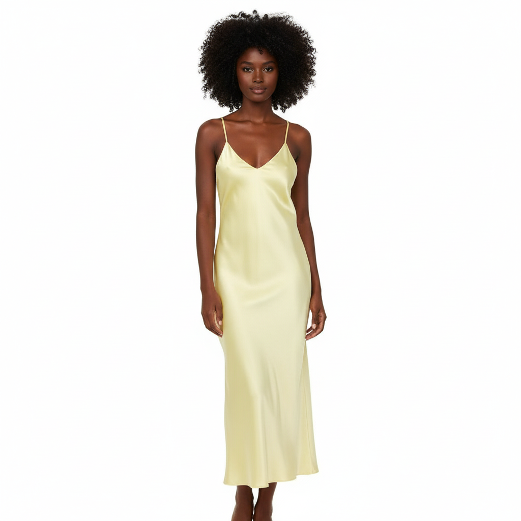 Women's Satin Midi Dress – V-Neck Backless Dress with Thin Straps