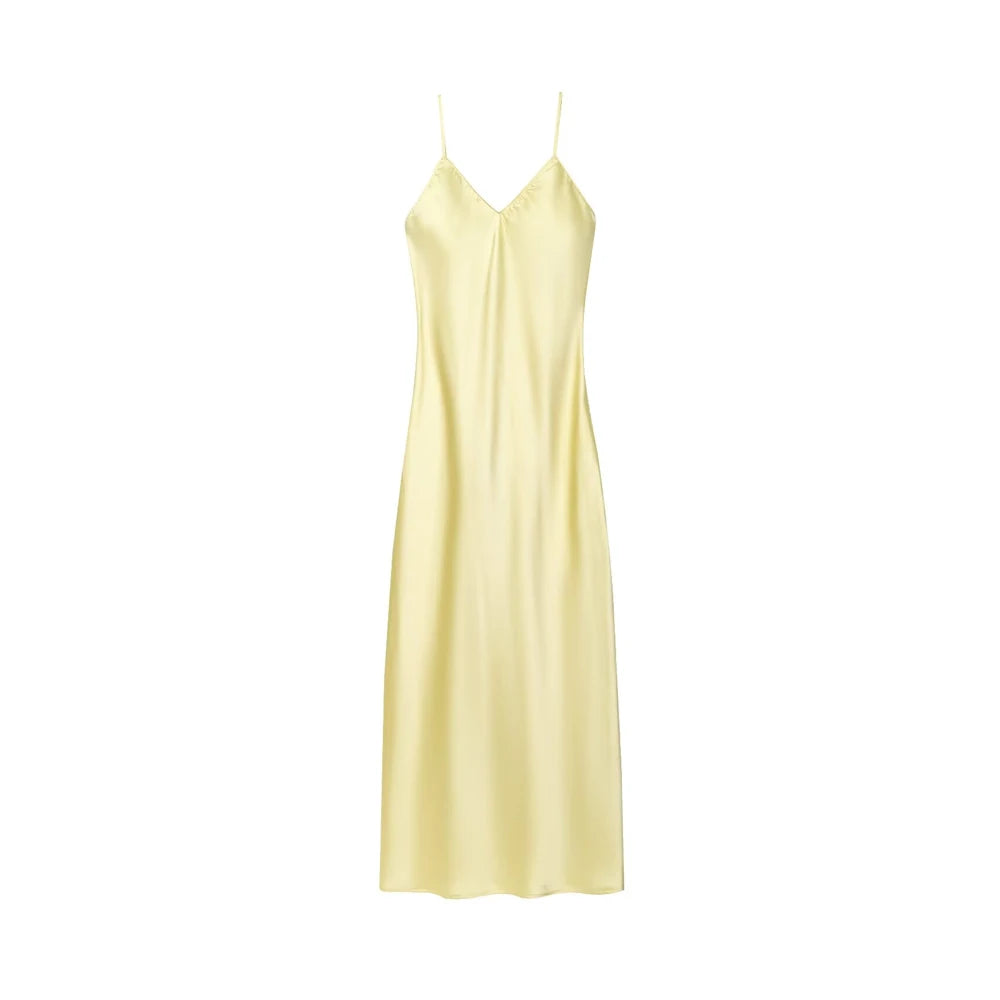 Women's Satin Midi Dress – V-Neck Backless Dress with Thin Straps