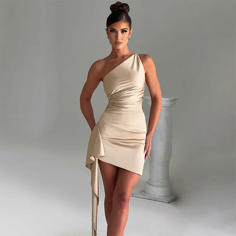 High-End Satin Mini Dress – One-Shoulder Elegant Party Dress for Women
