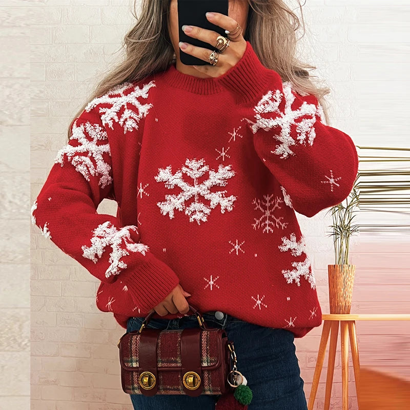 Women's Snowflake Christmas Sweater – Cozy Knit Pullover with Holiday Print