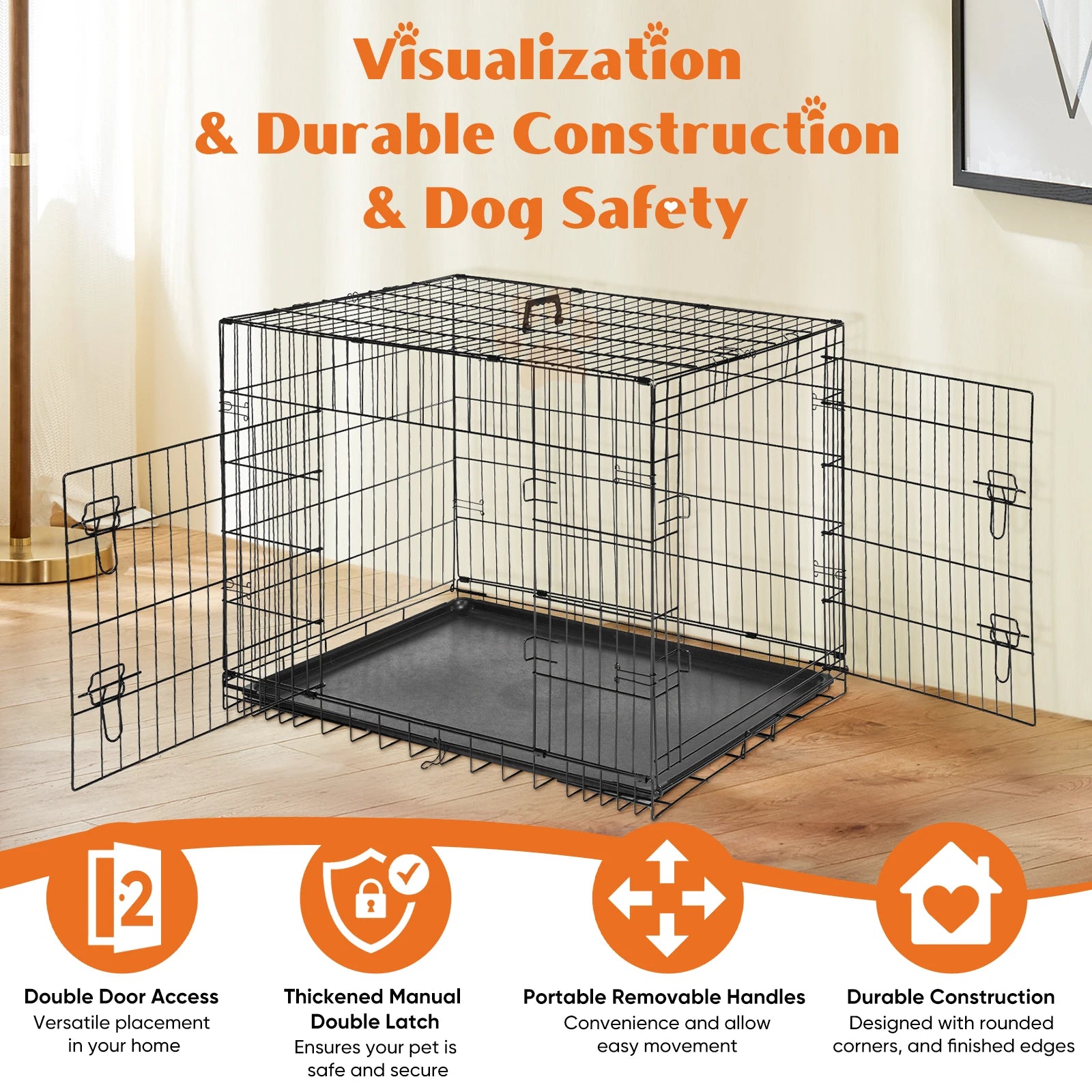 JHK Extra-Large Double Door Folding Metal Dog Cage with Leak-Proof Tray