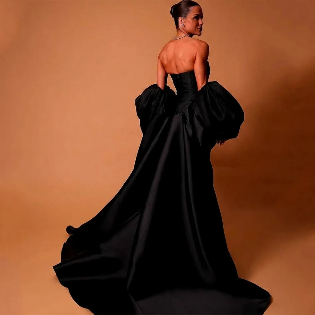 Black Satin Evening Dress – Elegant Strapless Gown with Puffy Sleeves