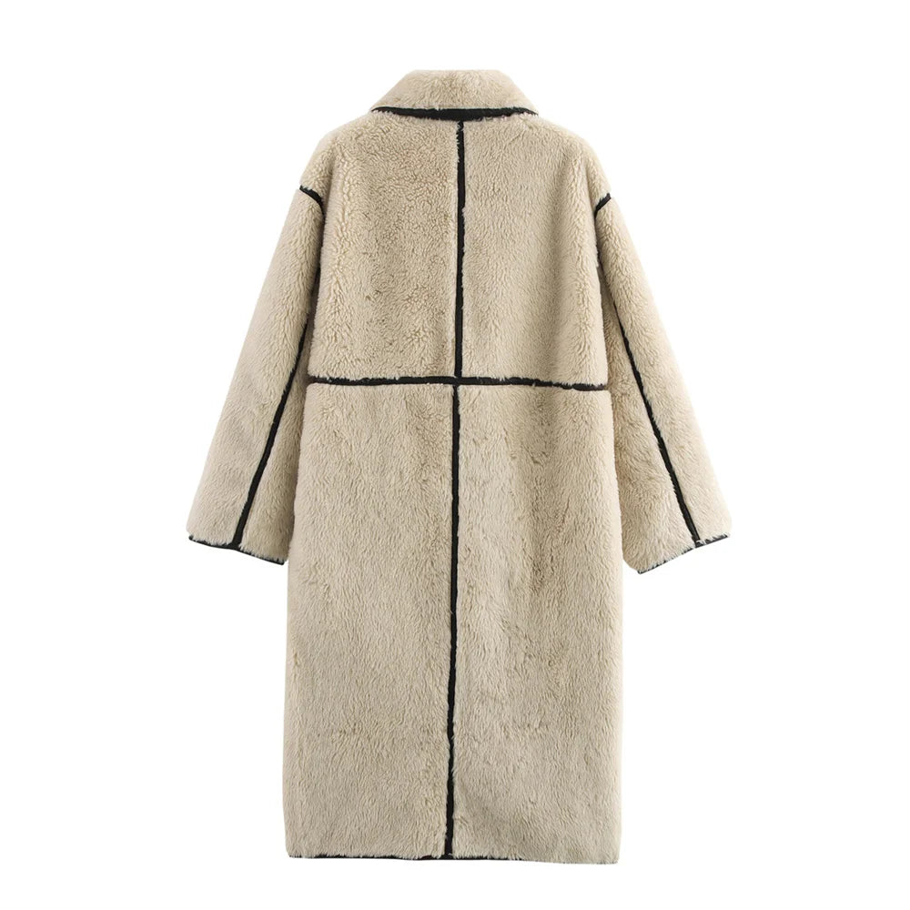 Women’s Contrast Faux Fur Jacket – Long & Short Panel Splicing Winter Coat