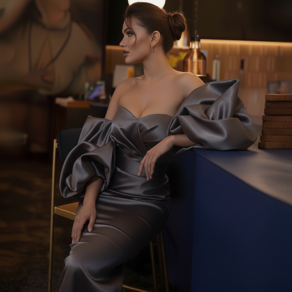 Dark Blue Satin Cocktail Dress – Off-Shoulder Midi Gown with Puff Sleeves