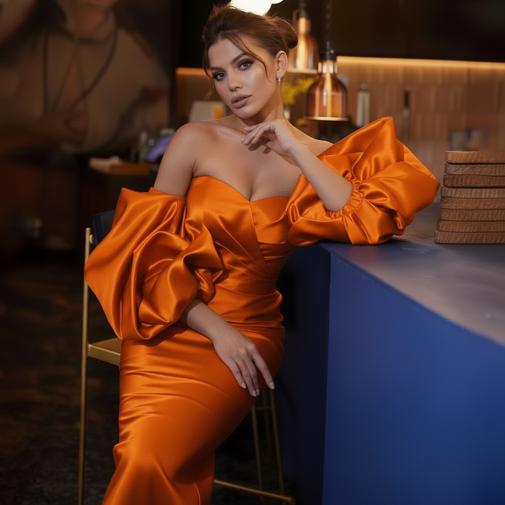 Dark Blue Satin Cocktail Dress – Off-Shoulder Midi Gown with Puff Sleeves