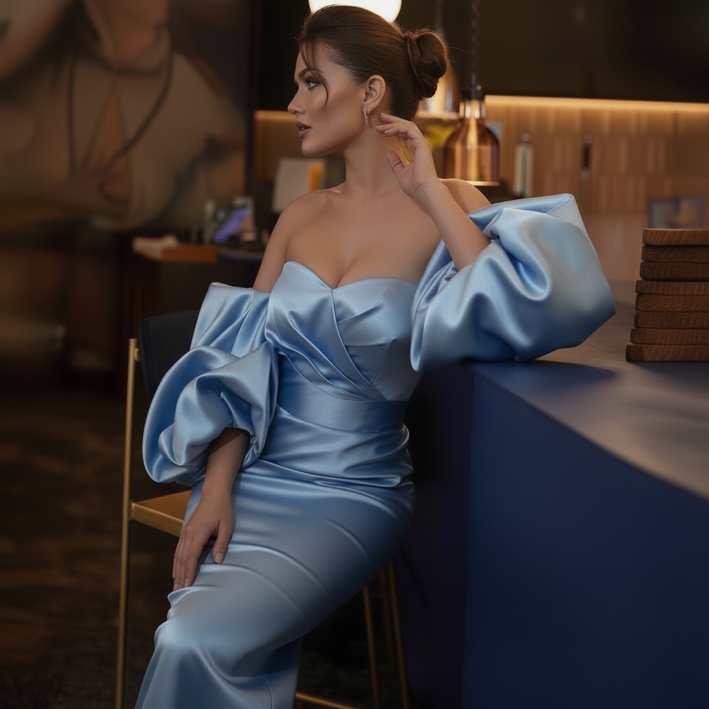 Dark Blue Satin Cocktail Dress – Off-Shoulder Midi Gown with Puff Sleeves