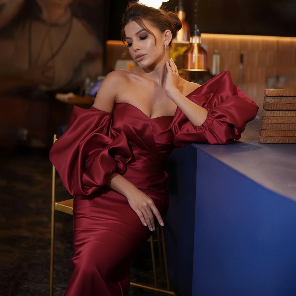 Dark Blue Satin Cocktail Dress – Off-Shoulder Midi Gown with Puff Sleeves