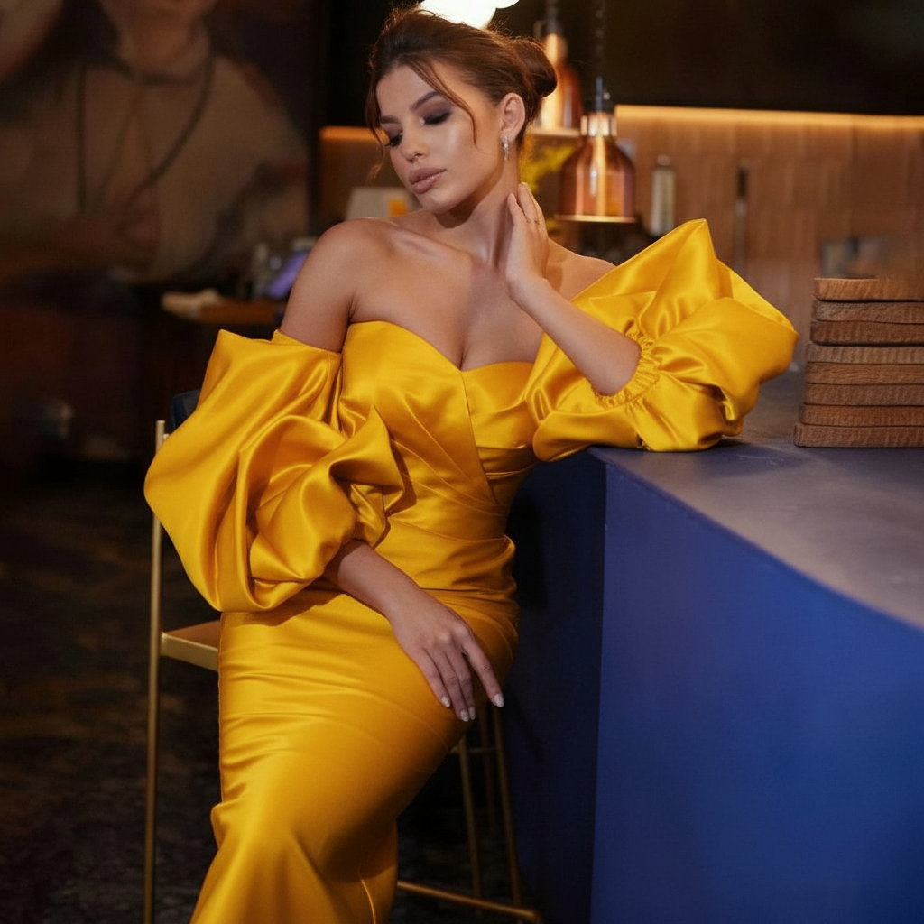 Dark Blue Satin Cocktail Dress – Off-Shoulder Midi Gown with Puff Sleeves