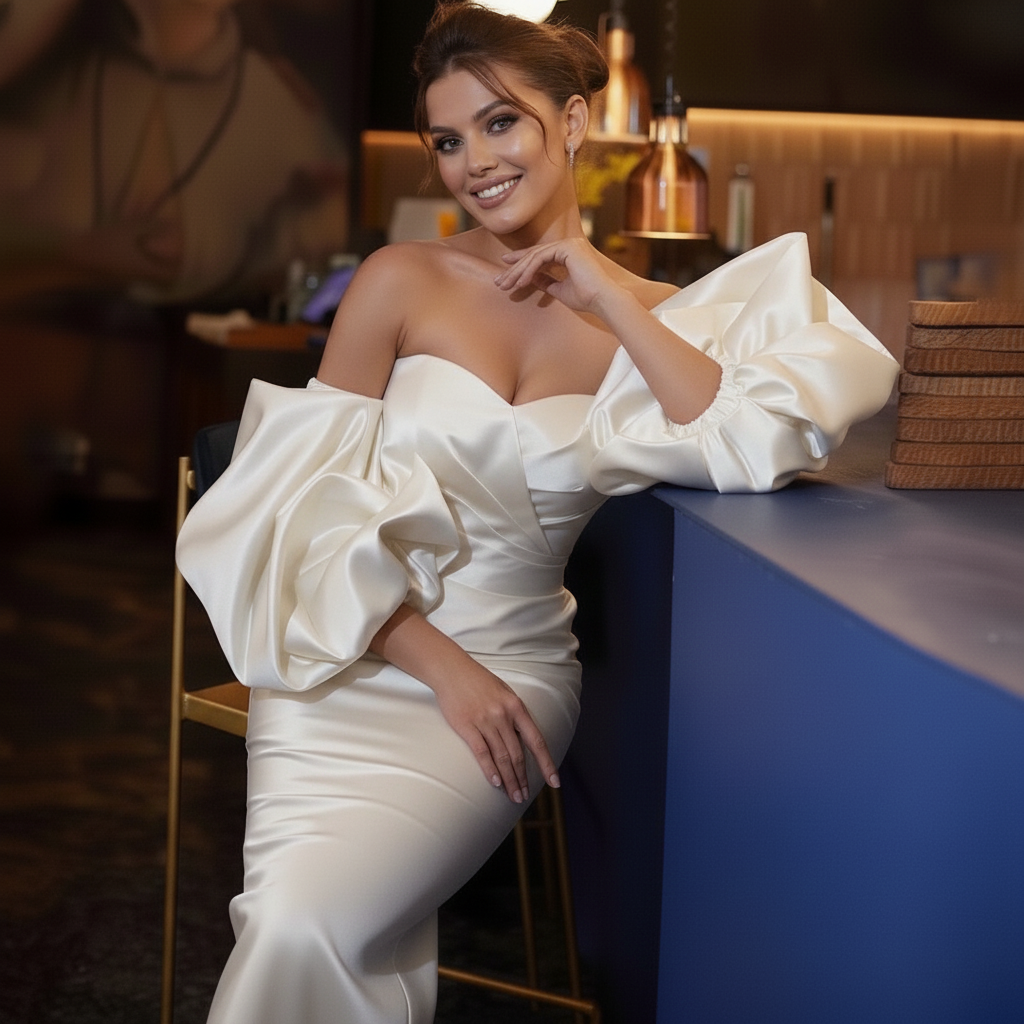 Dark Blue Satin Cocktail Dress – Off-Shoulder Midi Gown with Puff Sleeves