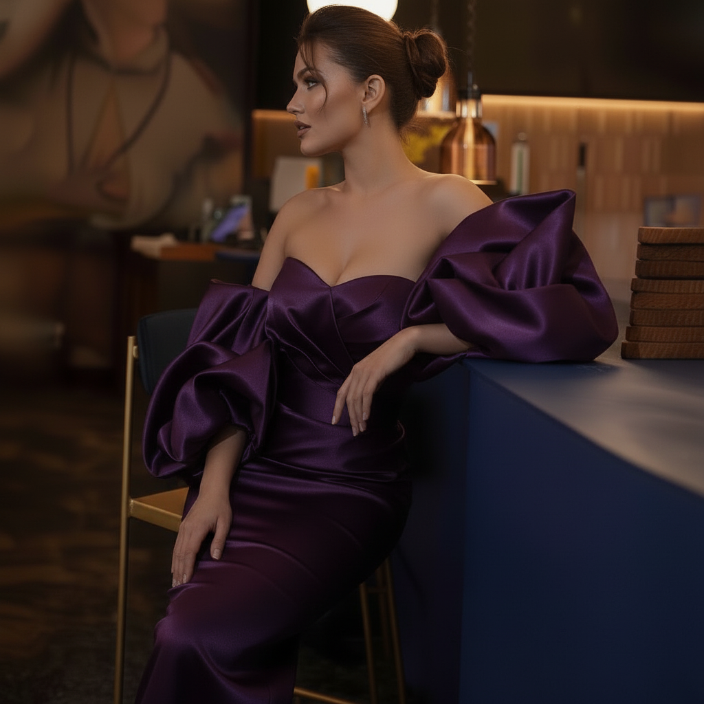 Dark Blue Satin Cocktail Dress – Off-Shoulder Midi Gown with Puff Sleeves