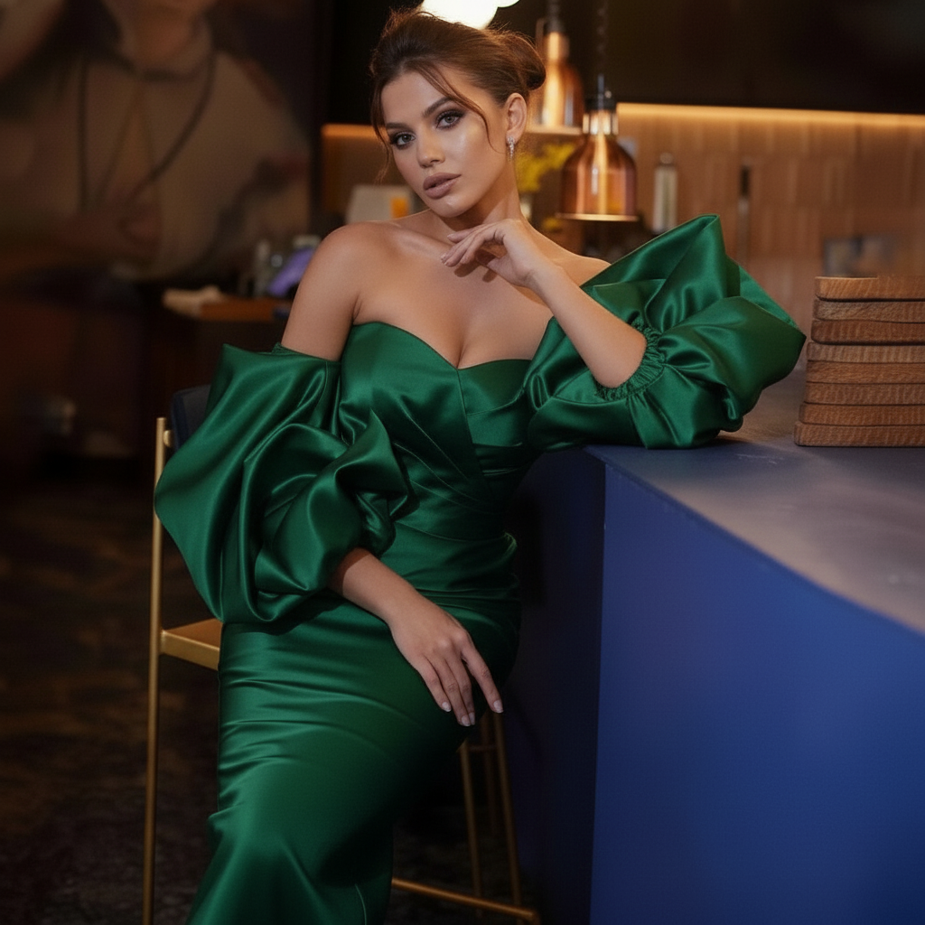 Dark Blue Satin Cocktail Dress – Off-Shoulder Midi Gown with Puff Sleeves