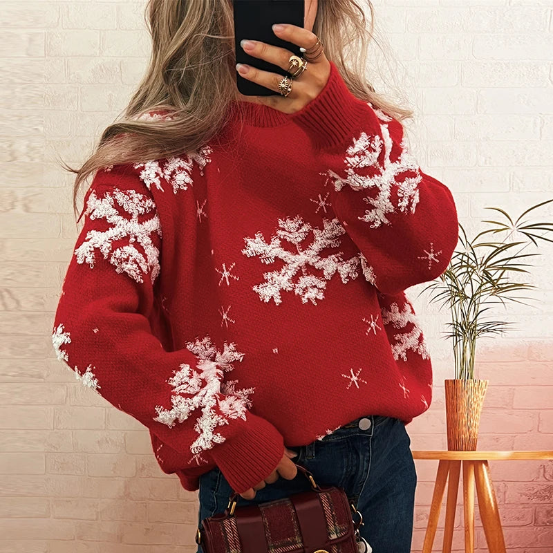 Women's Snowflake Christmas Sweater – Cozy Knit Pullover with Holiday Print