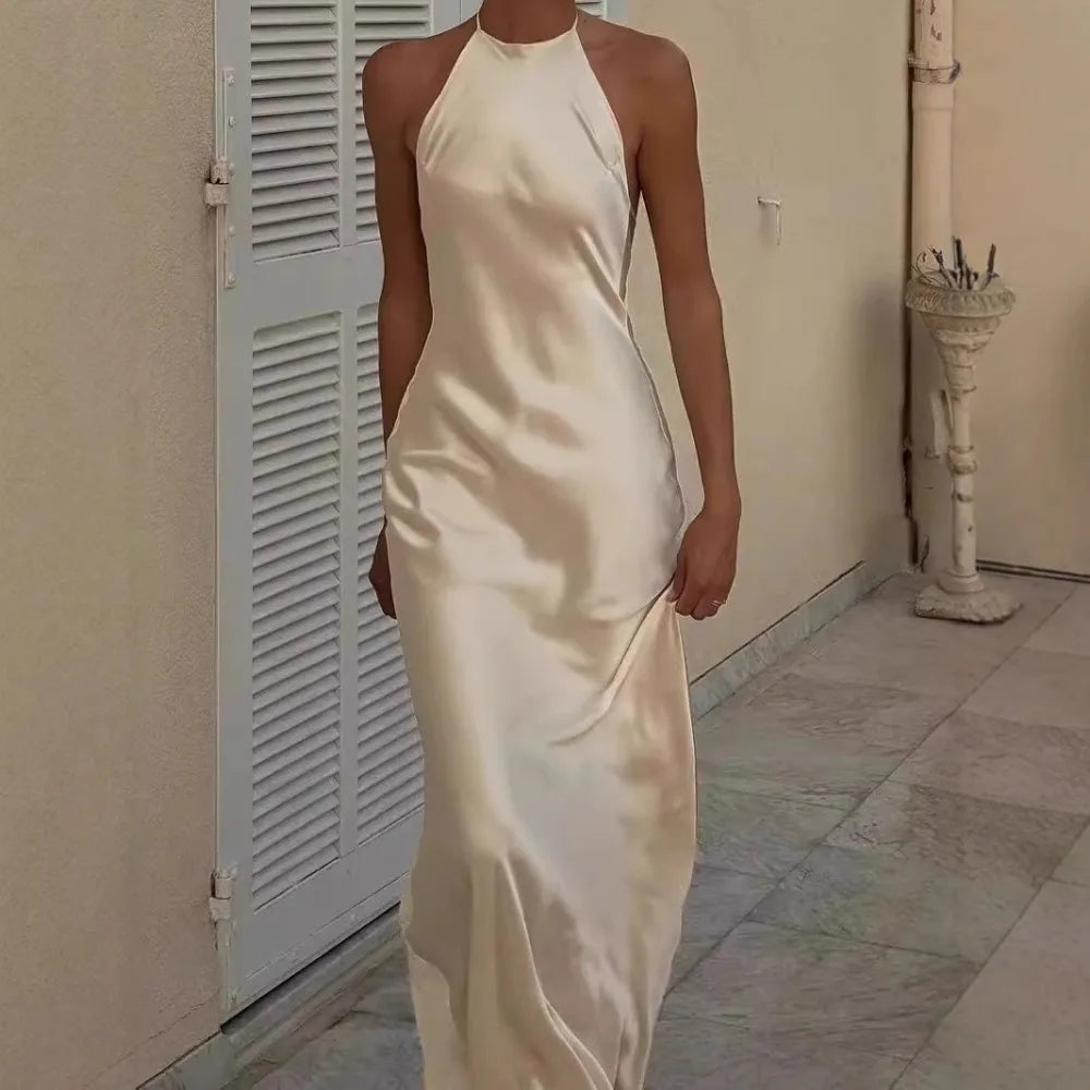 Elegant Satin Halter Summer Dress – Backless Slim Fit Evening Gown