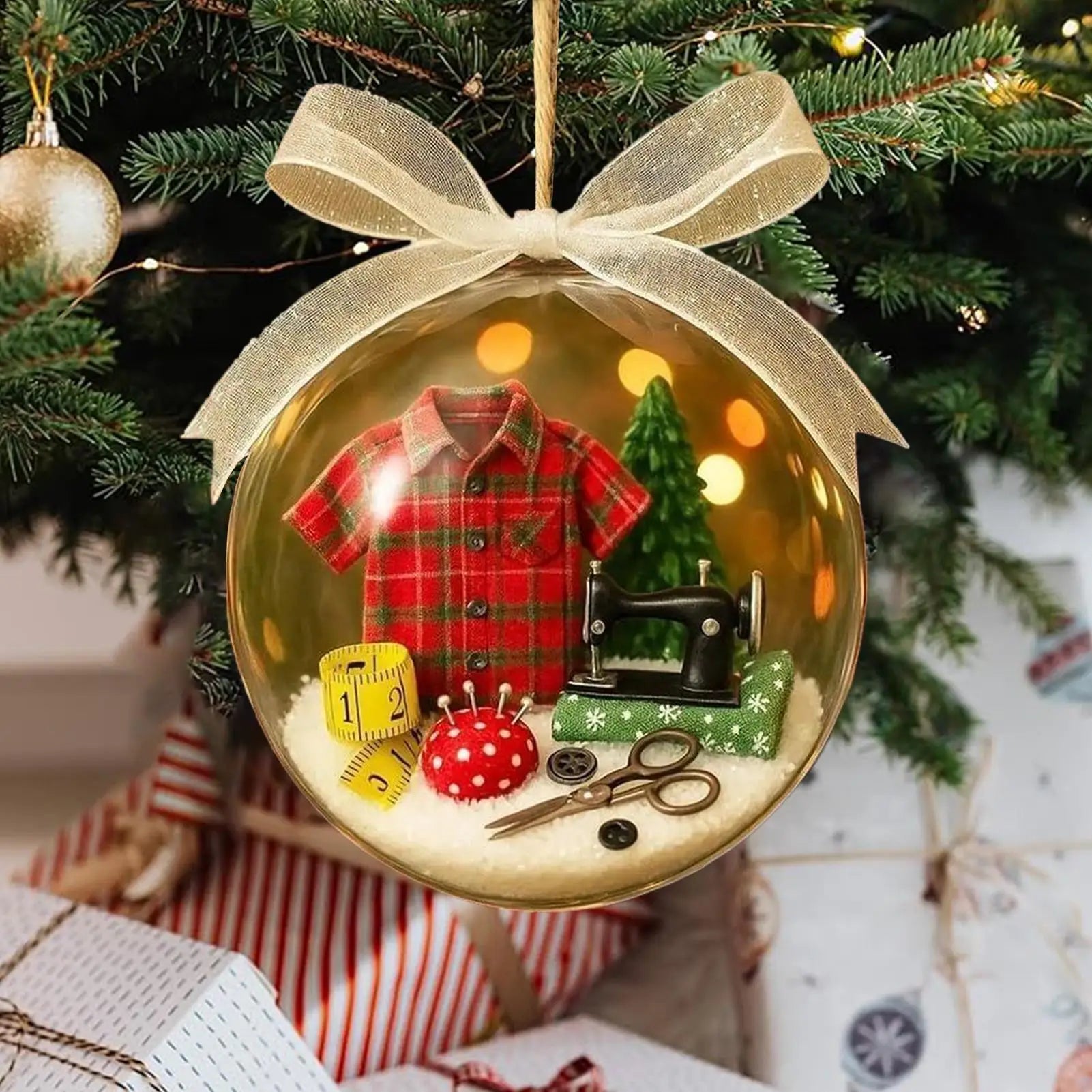 Vintage Sewing Snow Globe Christmas Tree Decoration