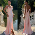 Customized Luxury Pink Satin Evening Dress – Sleeveless & Backless Gown