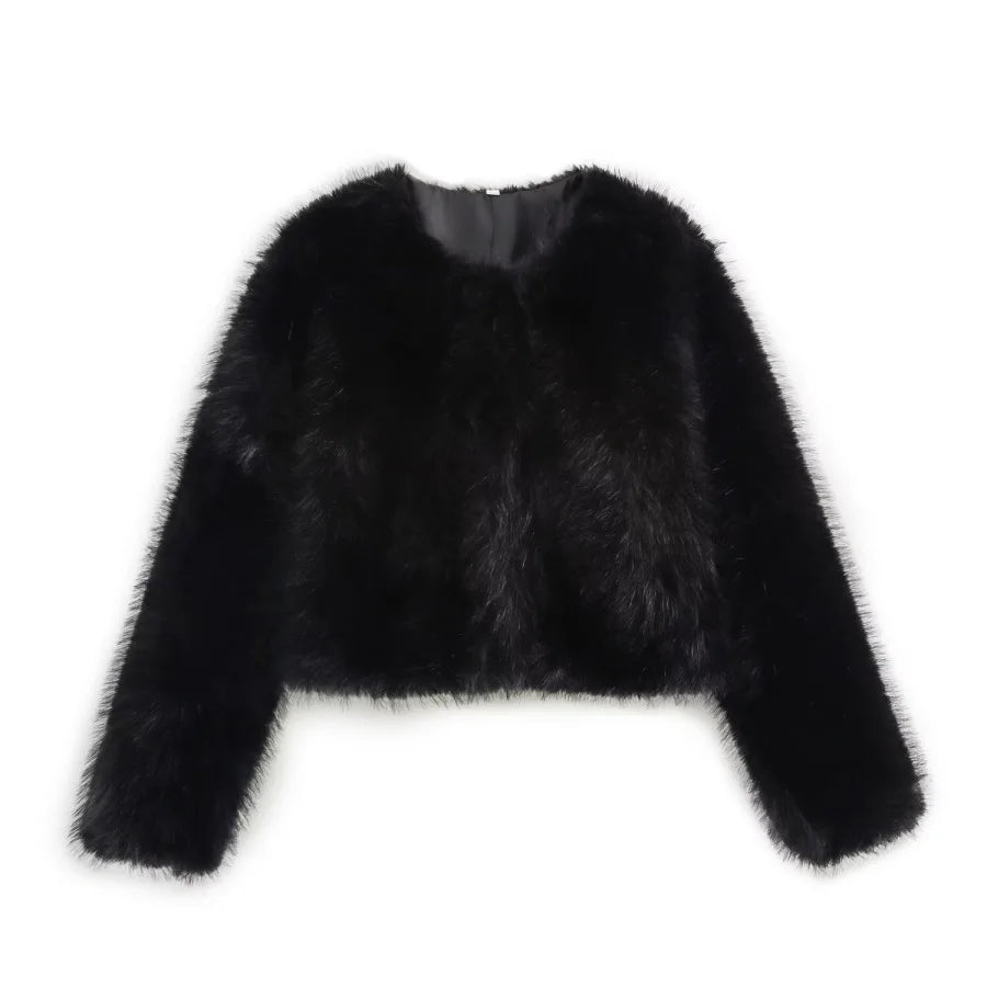 Women’s Faux Fur Short Jacket – Fall/Winter 2025 Round Neck Long Sleeve Coat