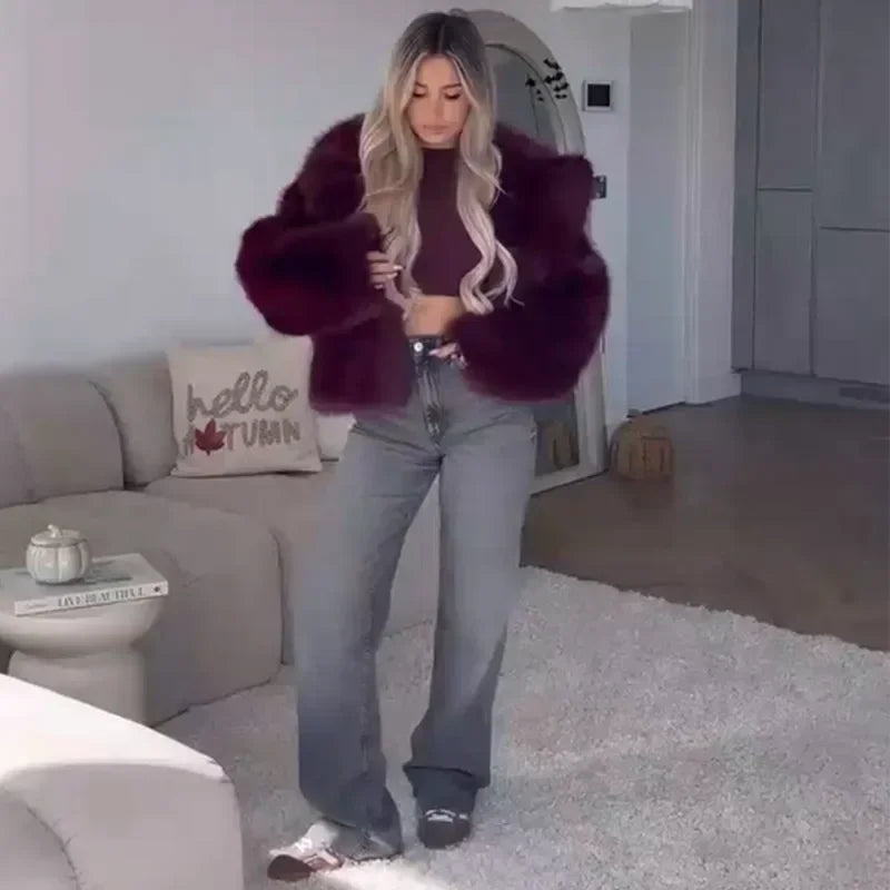 Burgundy Faux Fur Coat – Vintage Long Sleeve Warm Women’s Jacket