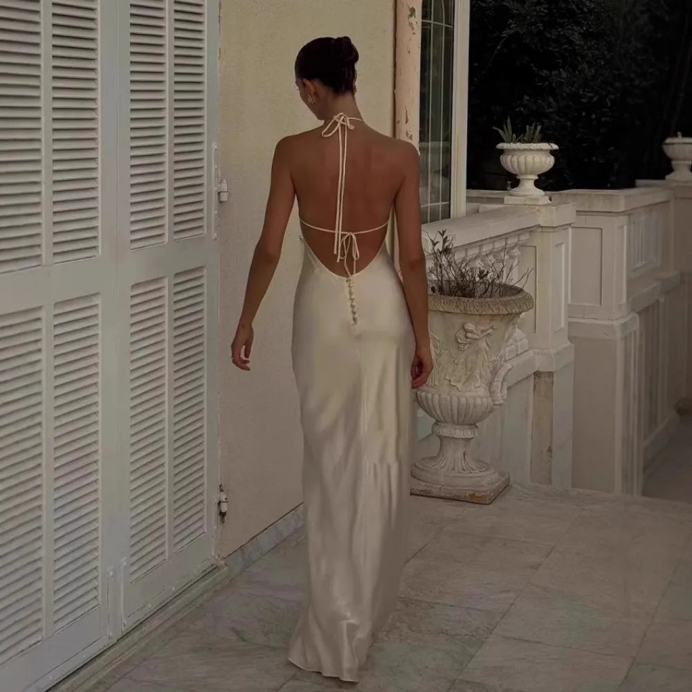 Elegant Satin Halter Summer Dress – Backless Slim Fit Evening Gown