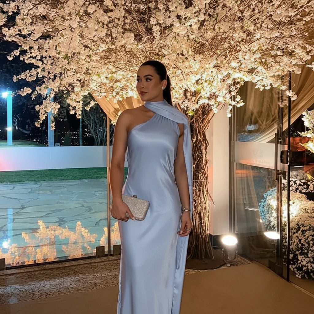 Sexy Satin Ribbon Halter Party Dress – Backless & Off-Shoulder