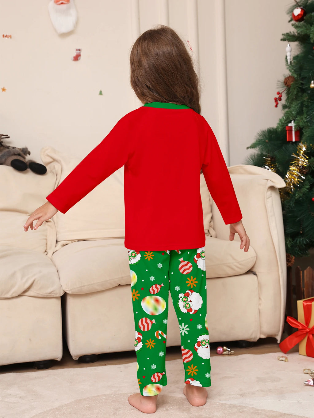 Family Matching Xmas Sleepwear Set – Red Santa Tops & Green Printed Bottoms