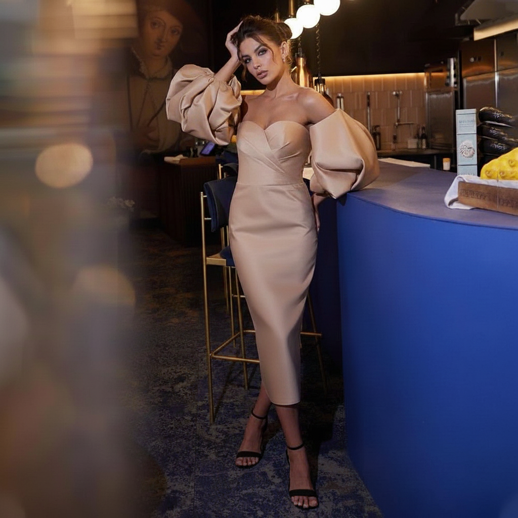 Dark Blue Satin Cocktail Dress – Off-Shoulder Midi Gown with Puff Sleeves
